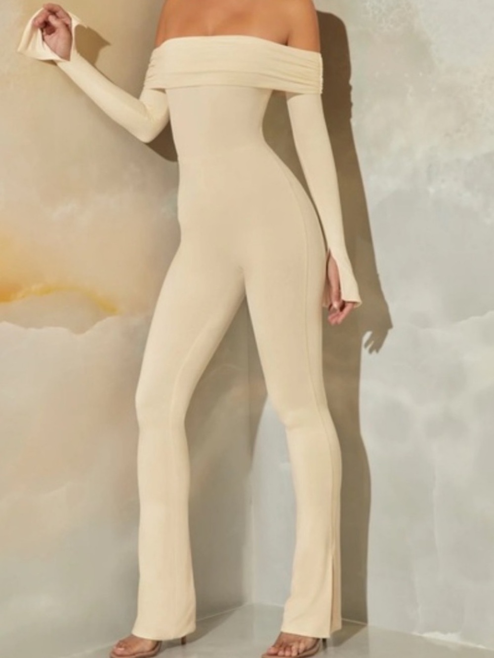 Oh Polly Off-Shoulder Cream Fitted Jumpsuit